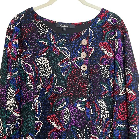 Calessa Womens Tunic Top 2X Multicolor Floral Abstract Print Asymmetrical Hem - Picture 2 of 6